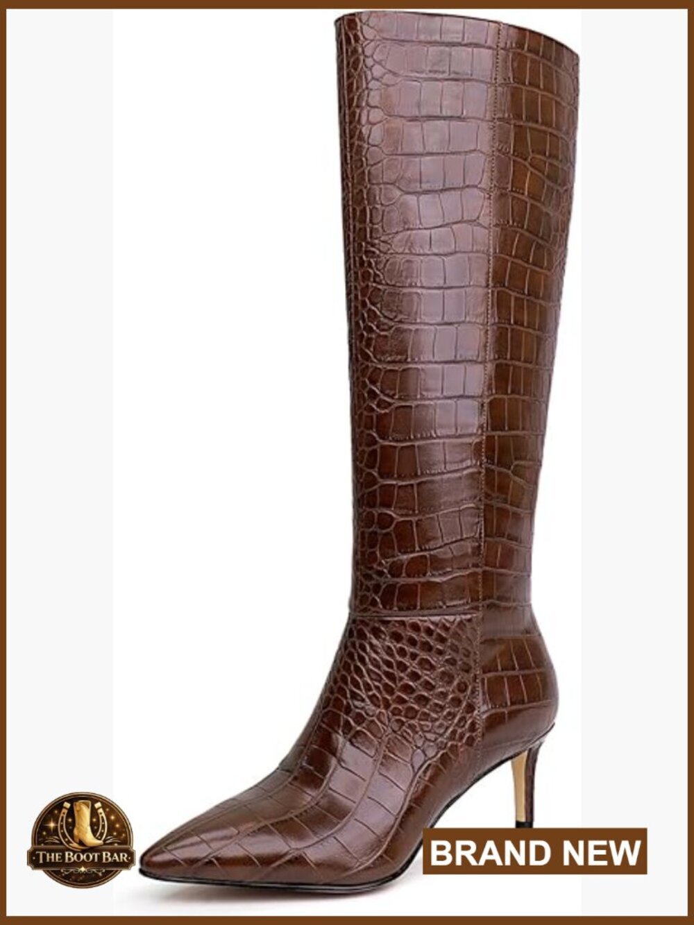 Womens Pointed Toe Kitten Heel Knee High Boots Zip Side Faux Leather